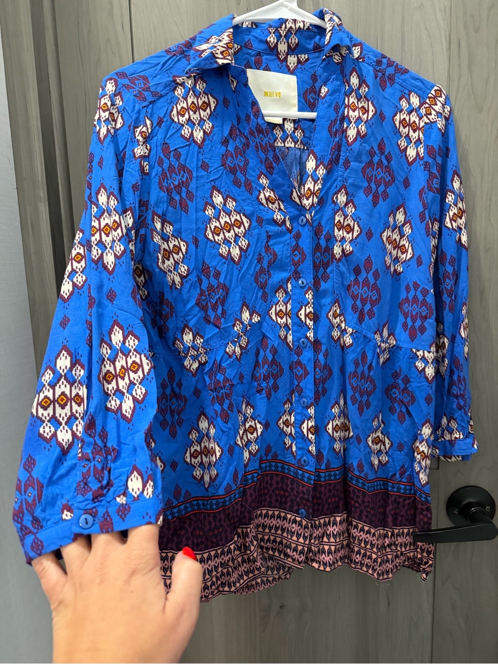 Maeve Cobalt Blue Geometric Print Button-Front Blouse